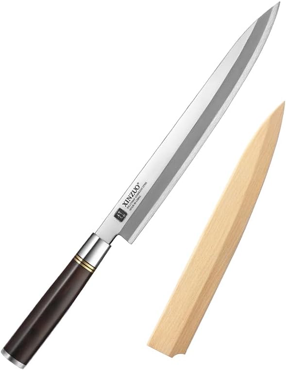 – XINZUO 270mm Sashimi Knife, X7Cr17MoV Forged Steel, Ebony Wood Knife Handle+Brass Gasket+G10 Gasket, 58±2HRC Hardness, He Series (SE-270)