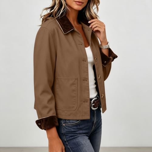 Womens Barn Jacket Cropped Corduroy Collar Office Travel With Patch Pockets - image 6