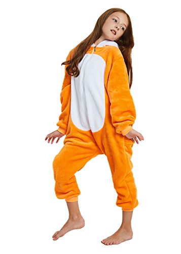 Abenca Kids Fleece Onesie Pajamas Christmas Halloween Animal Cosplay Sleepwear Costume,Fox,140 Yellow #TOP2