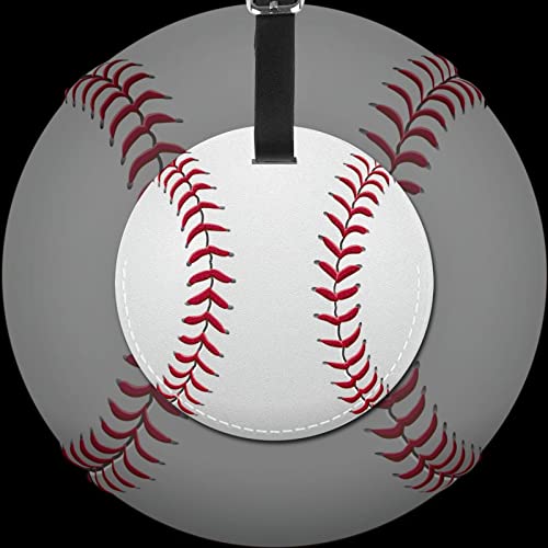 2 Packs Boys Mens Leather Luggage Suitcase Baggage Tag With Baseball Graphics Printed, Funny Sports-Themed White Travel Round Identifiers Tags Name Label With Privacy Cover #TOP4