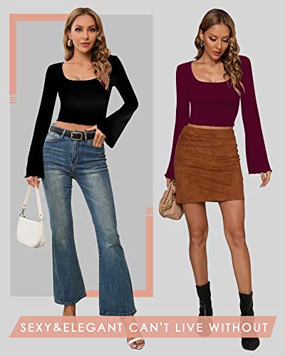 Clozoz Crop Tops For Women Square Neck Long Bell Sleeve Tops Lettuce Trim Crop Top Slim Fitted Blouse Sexy Tops For Women Black #TOP3