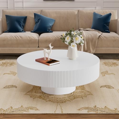 Souwofs 30.9" Round Coffee Table For Living Room, Modern Luxury Wood Coffee Table White Circle Accent Table Drum Center Table For Office, Apartment - 6