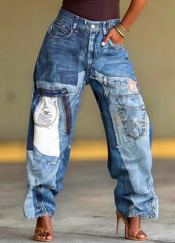 Women Blue Denim Jeans High Waist Vintage Patchwork Jeans Straight Wide Leg Stretch Barrel Horseshoe Baggy Trousers2