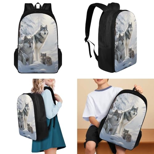 Wolf 4 Piece Backpack Set Backpack for School Girls 3rd Grade with Lunch Box Small Schoolbag with Lunch Box Pencil case for Elementary Middle High School Students2