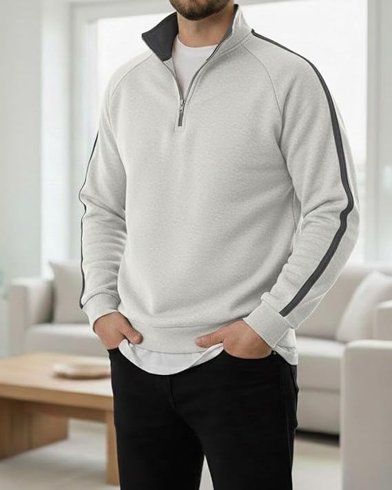 Image of Men's Quarter Zip Pullover Sweater with Contrast Stripe, Long Sleeve Athletic Casual Sweatshirt for Winter Wear, Black