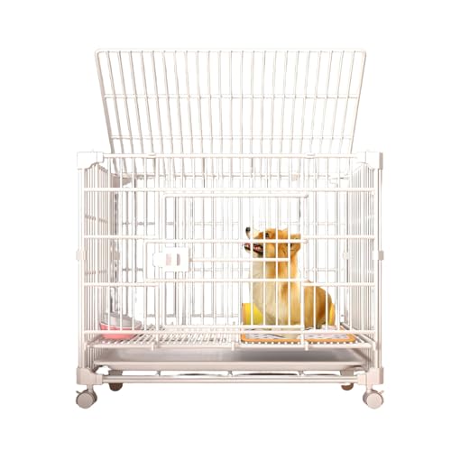 頑丈な犬用クレート、脱走防止の二重ドア犬用ケージ、取り外し可能なトレイとロック可能な車輪付き、積み重ねな犬用ケージ、不安の強い小型犬用の壊れない金属製ペットクレート屋内用 ホワイト 52*36*48cm