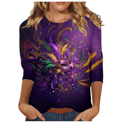 Générique 2026 T-Shirt décontracté à Manches Trois-Quarts et col Rond imprimé Carnaval pour Femme (Dark Purple, M)