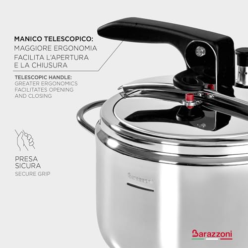 Barazzoni Olla a presión Modelo Basic, ø22 cm, Capacidad 5 l, inducción, Fabricada en Italia, Acero Inoxidable 18/10, Plata, 22 cm - imagen 5