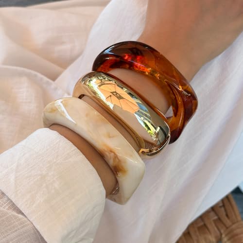 AVOGIR Chunky Acrylic Bangle Bracelet for Women Colorful Resin Bracelets Trendy Stack Statement Cuff Jewelry Gift (Gold 02) - image 3