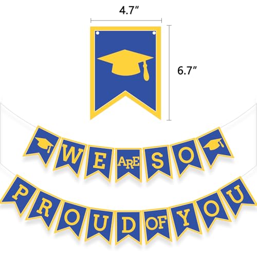 Image of Blue Yellow We Are So Proud Of You Banner Congrats Grad Cap Bunting Flag Grad Party Decoration Idea