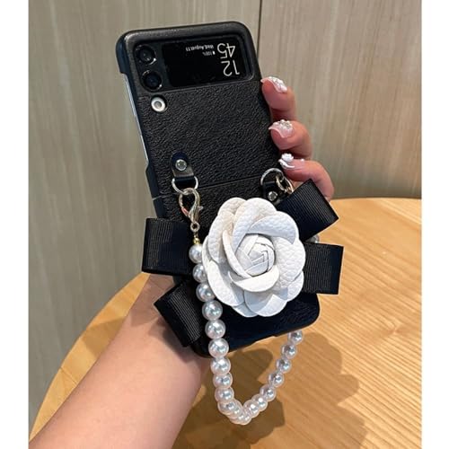 Coque Samsung Z Flip 4 fleur 3D et dragonne perle pour vos soirées chic