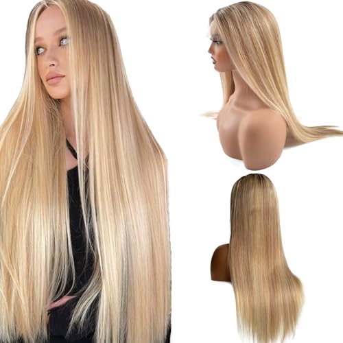 Ubetta Blonde Highlights Wig Human Hair, 24 Inch 13x4 Lace Front Wigs Human Hair Pre Plucked Ombre Brown Balayage Golden Blonde Highlights HD Lace Frontal Wigs for White Women 180% Density