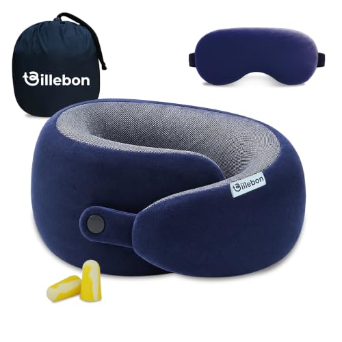 Image of Billebon Memory Foam Neck Pillow with Cooling Gel, Snake Shape Travel Pillow with Snap Button, Neck Rest for Travelling & Flight Travel, Ergonomic Support for Comfort & Pain Relief (Navy Blue)