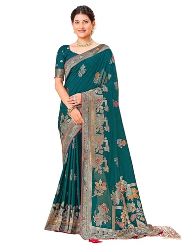 Image of SIRIL Women's Silk Kashmiri Minakari Jacquard Saree With Unstitched Blouse Piece