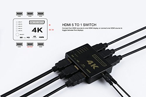 HDMI Switch 5X1, Support HDCP 1080p 5 in 1 Out HDMI Switcher 4K Intelligent 5 Port 4K HDMI Auto Switcher Box Audio/Video Switcher Adapter Compatible with 4K Ultra HD Resolution for PC Xbox(5 in 1 Out)