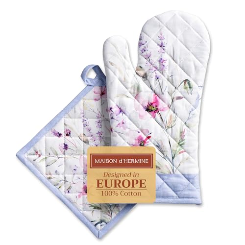 Maison d' Hermine Lot de gants de four (19 x 33 cm) et maniques (20 x 20 cm) en 100 % coton, résistants à la chaleur, pour cadeau de fête des mères, barbecue, cuisine, pâtisserie, barbecue, fleurs