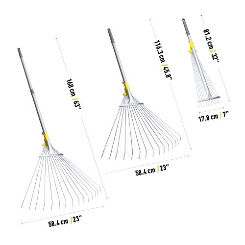 Jardineer 63 inch Adjustable Garden Rake Leaf, Collect Loose Debris Among Delicate Plants, Lawns and Yards, Expandable Head from 7 inch to 23 inch. Ideal Garden Rake Tools