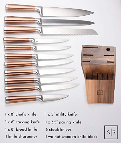 Copper Knife Set With Walnut Knife Block - Premium 13 Pc Stainless Steel Knife Sets For Kitchen With Block - Rose Gold Knife Set With Block, Rose Gold Kitchen Accessories & Copper Kitchen Accessories #TOP2