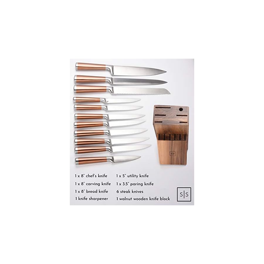 Copper-Knife-Set-with-Walnut-Knife-Block-Premium-13-PC-Stainless-Steel-Knife-Sets-for-Kitchen-with-Block-Rose-Gold-Knife-Set-With-Block-Rose-Gold-Kitchen-Accessories-Copper-Kitchen-Accessories Copper Knife Set with Walnut Knife Block - Premium 13 PC Stainless Steel Knife Sets for Kitchen with Block - Rose Gold Knife Set With Block, Rose Gold Kitchen Accessories & Copper Kitchen Accessories