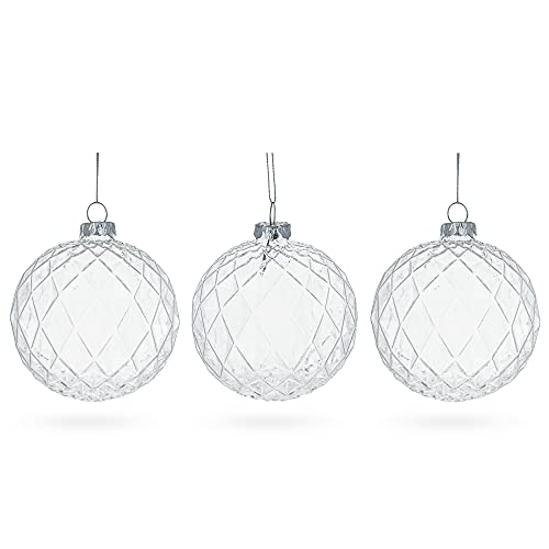Set of 3 Ribbed Clear Glass Ball Christmas Ornaments 3.5
