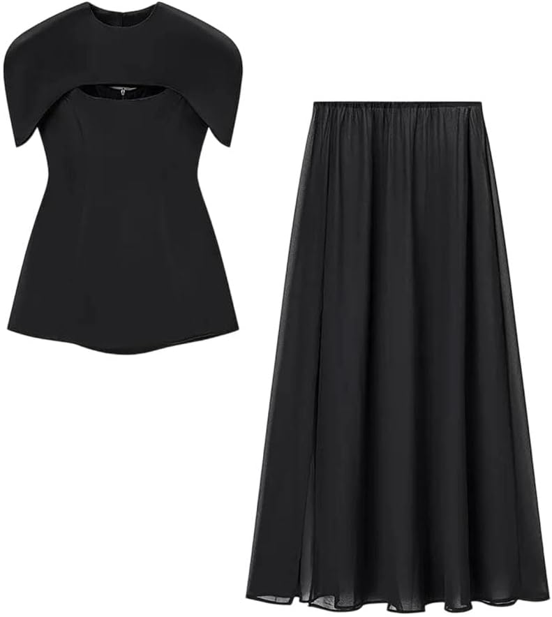 Women's Spring Solid Color Camisole Elastic Midi Skirt Casual Three Piece Set