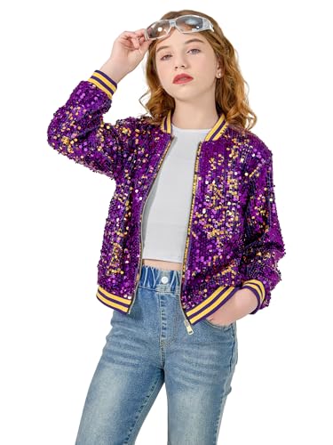 Image of LOLANTA Girls Sequin Jacket, Long Sleeve Kids Bomber Coats with Pockets, Spring Fall Outfits for 4-15 Years