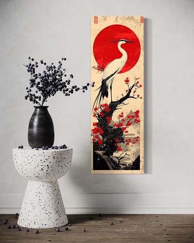 Grue japonaise tableau vertical affiche sakura soleil rouge déco murale zen - 3
