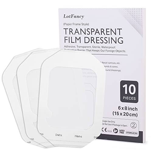 LotFancy Transparent Film Dressing, 6”x8”, 10 Patches, Waterproof Wound Cover for Post Surgical Shower, IV Shield, Tattoo Aftercare Bandage, Adhesive Clear Pad Tape