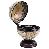 vidaXL White and Brown Tabletop Globe Bar Wine Stand, Solid Eucalyptus Wood, 16th Century Nautical Maps and Antique Frescoes Design, Rotating Storage, 15" x 13" x 18.9"
