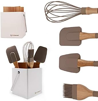 Cooking Utensil Set of 4 with Holder Beech Wood & Silicone Practical Heat-Resistant Non-stick Durable Brush, Spoonula, Whisk... by CASASUNCO Brown