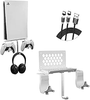 PS5 Wall Mount Bracket Shelf Set, Hosanwell Playstation 5 Wall Mount Made of Concrete Steel Metal with Detachable Controller Holder & Headphone Hanger, Easy Install with Accessories, White