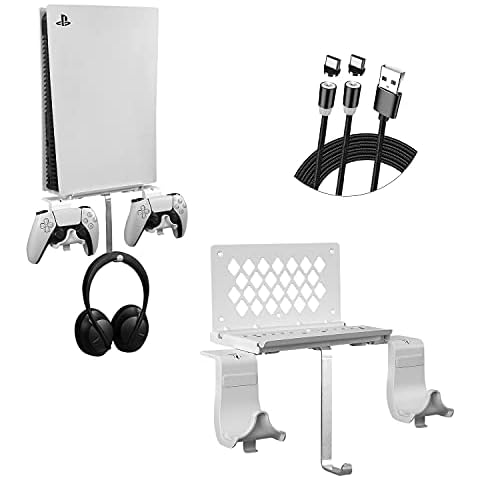 Hosanwell PS5 Wandhalterung - Halterung Wand für PS5 Konsole mit Controller Halter und Kopfhörerhalter - Massives Metall PS5 Zubehör - Platzsparend Weiß Cover