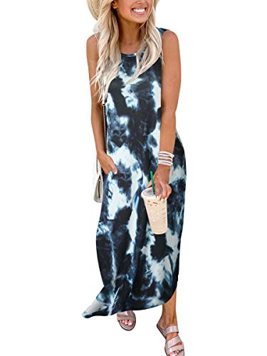 Anrabess Casual Tie Dye Maxi Dress Crew Neck Sleeveless Loose T Shirt Long Dress With Pockets A19Huilanbai-Xl #TOP1