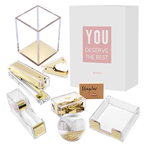 MultiBey Clear Acrylic Desk Organizer 8 in 1 Office Supplies Organization Accessories Set of Rose Gold Paper Clips Pen Holder Stapler Tape Dispenser Sticky Notes Holder Staples Binder Clip (Gold)