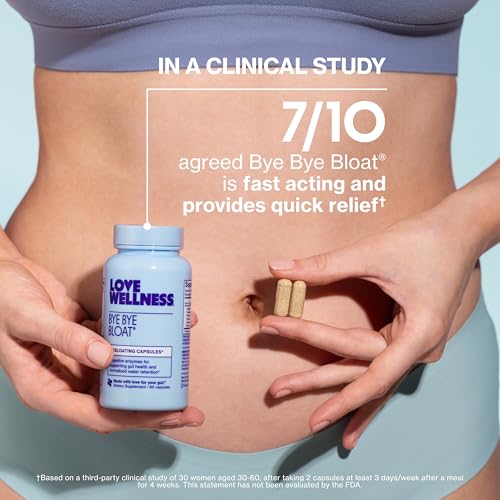 Love Wellness Bye Bye Bloat | Digestive Enzymes for Fast Acting Bloating Relief for Women | Helps Reduce Water Retention & Gas Relief | Supports Digestive Health with Fenugreek & Dandelion | 60 Count