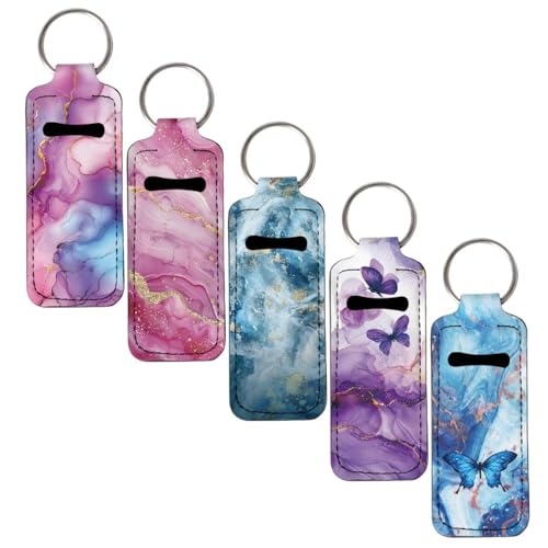 Pirexcny Marble Print Lip Balm Holder Keychain 5 PCS Soft Chapstick Elastic Sleeves Portable Chapstick Holder Lipstick Holder Lip Gloss Holder Keychain for Women