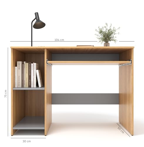Image of 104x50x75CM Engineered Wood Study Table with Keyboard Tray & 2 Open Storage Shelves for Home, Office | Moisture Proof Computer, Laptop Table | 1 Year Warranty- Urban Teak&Grey