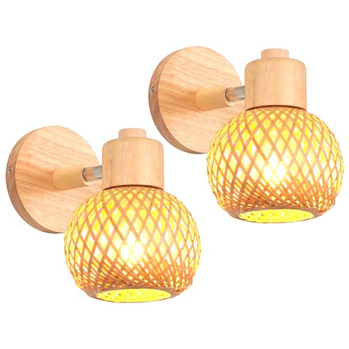 iDEGU 2 Pezzi Lampade da Parete Interni Vintage E27 Applique da Parete in Legno Paralume Bambù Lampada a Muro Orientabile Applique Rattan per Camera da Letto, Soggiorno, Corridoio, Ristorante (13cm)