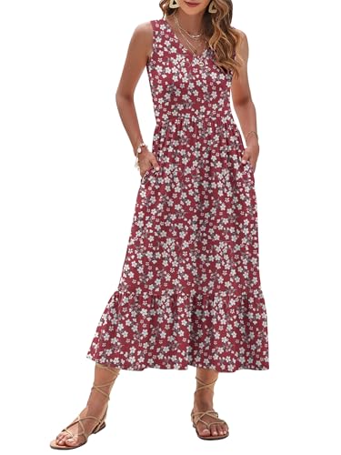 Image of AUSELILY Womens Summer Maxi Dress Casual Sleeveless V Neck Floral Dresses | A line shape with practical side pockets, Vacation dress for resort walks, Pair with low heels and simple jewelry