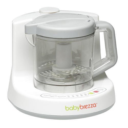 Жогорудан төмөн view of the Baby Brezza food maker with the lid open, showing the water reservoir and blending bowl.