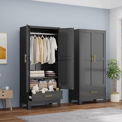 RISTER Metal Armoire Wardrobe Closet with Hanging Rod Clothing Storage Cabinet with Adjustable Shelf and Drawer for Laundry Room Bedroom Home Office Bathroom 71 Black Large Capacit