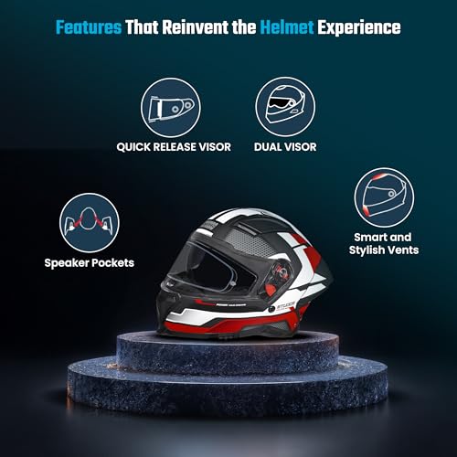 Image of STUDDS Helios Asphalt Full Face ISI and DOT Certified Helmet with Dual Visor MATT Black & RED - L