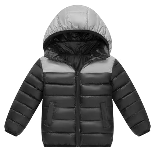 Image of NEAWEALY Kids Boys Winter Coat Lightweight Puffer Jacket Warm Padded Zip Up Hood Jacket Black Age 7-8 Years