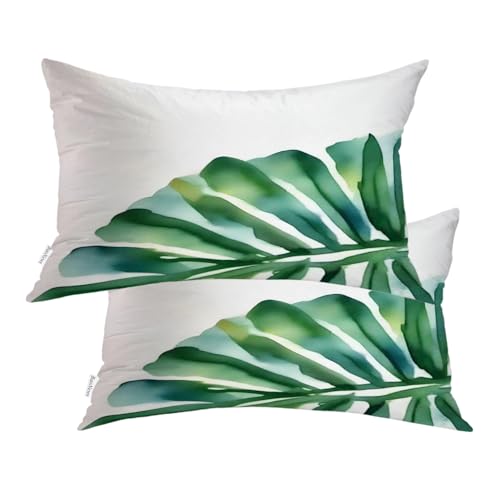 BaoNews Green Leaves Watercolor Style Throw Pillow Covers, A Watercolor Painting of Leaves Cushion Cases Digital Blended Hidden Zipperl Decorative Pillow Covers Lumbar 12X20 in 2 Pcs