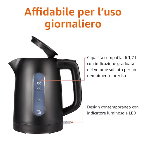 Amazon Basics Bollitore Elettrico 1,7L, 2200 W, Senza Bpa Con Base A 360°, Spegnimento Automatico E Filtro Anticalcare Estraibile, Nero Opaco - 2