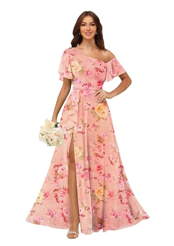 Image of One Shoulder Bridesmaid Dresses for Women with Pockets Short Sleeve Ruffled Chiffon Formal Evening Gowns