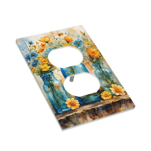 Decorative Outlet Covers Rustic Yellow Flowers Floral Blue Bottles 1 Gang Duplex Light Switch Cover Plate Wall Plates for Electrical Outlets Switchplate Faceplate for Country Bedroom Decor