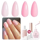 AZUREBEAUTY Nail Polish Set, Nude Pink Jelly Quick Dry Complete Starter Natural Vegan Nail Lacquer Strengthening Treatment Kit with Top Coat, 50Pcs Nail Remover Pad for Women