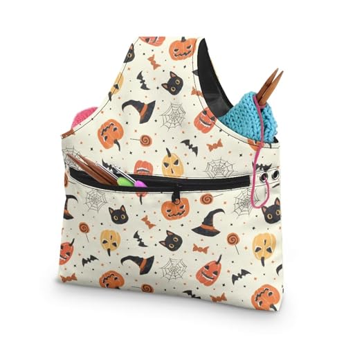 Image of KUIFORTI Halloween Crochet Bag Large Yarn Bags for Crocheting on The Go Crochet Hook Organizer Halloween Decor Knitting Bags Canvas Crochet Bags and Totes, Pumpkin Cat