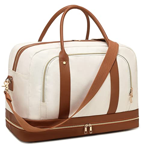 Image of Weekender Overnight Duffle Tote Bag for Women Carry On Travel Bag with Shoe Compartment & Luggage Sleeve, Beige